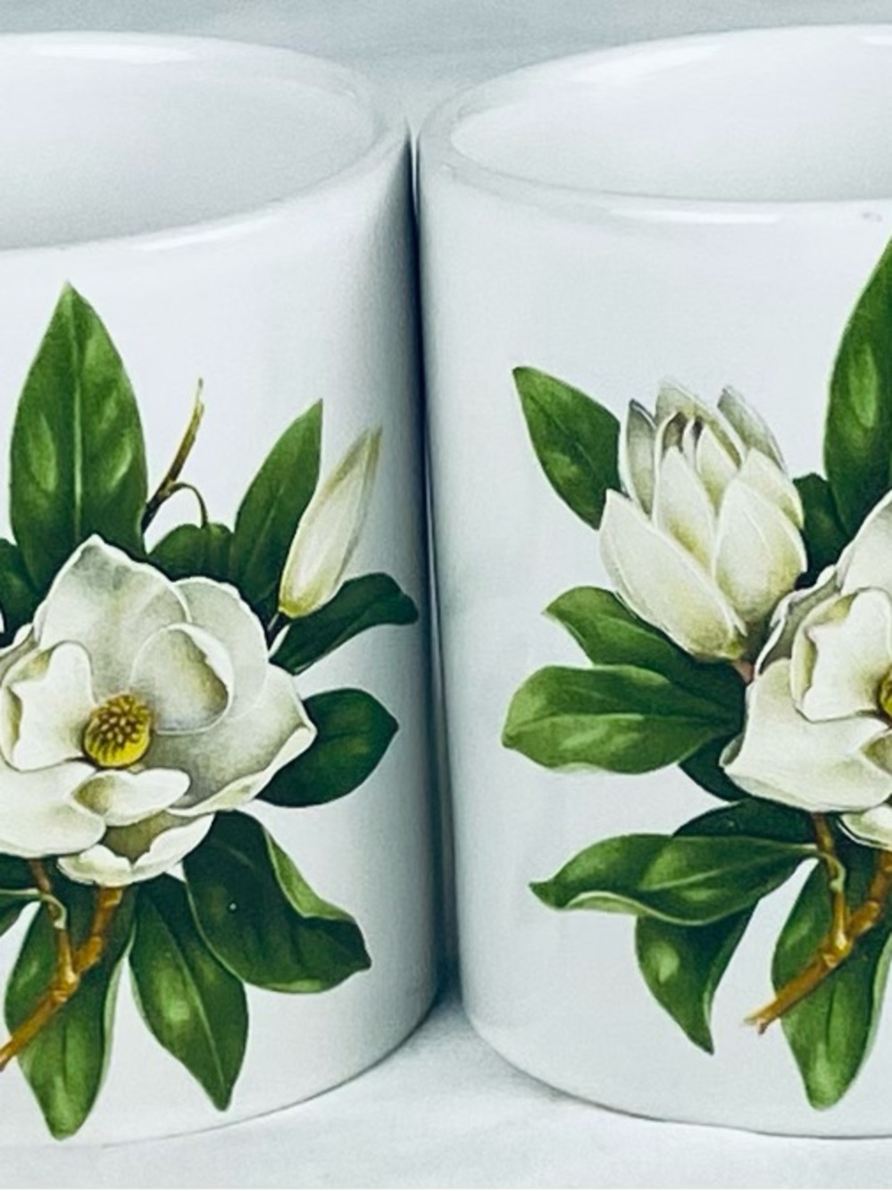 White Floral Ceramic Vase Pair with Green Magnolia Design